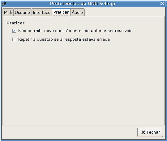 Screenshot da página 'Praticar' da janela de preferências.