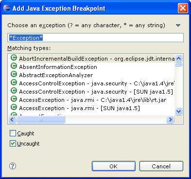 Add exception breakpoint dialog