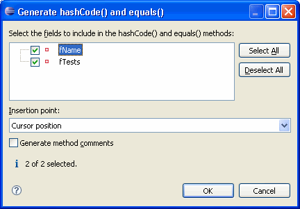 Generate hashCode() and equals() dialog