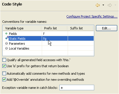 Name conventions in the code style preference page