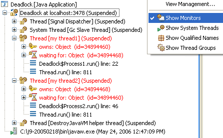 Debug view showing deadlock cycles
