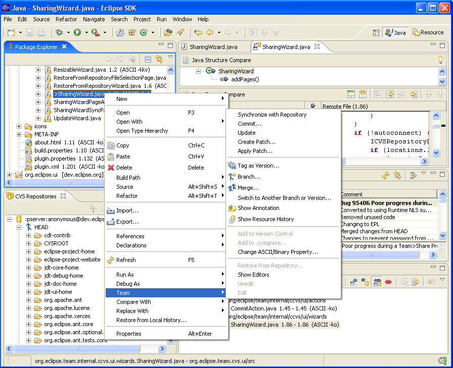 Workbench with CVS menu items, views, tasks, and decorators