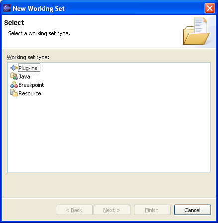 Working set dialog showing list of available types