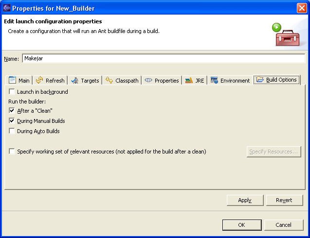 Build options tab of External tools dialog