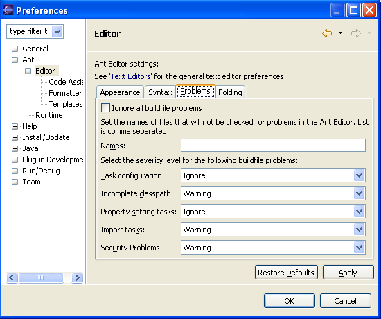 Ant editor Problems preference page