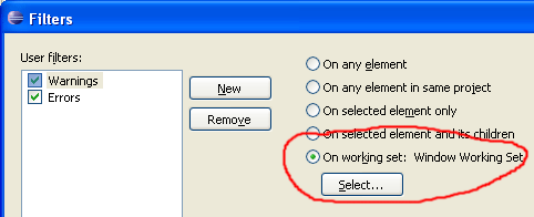 Picture showing Problems view filters