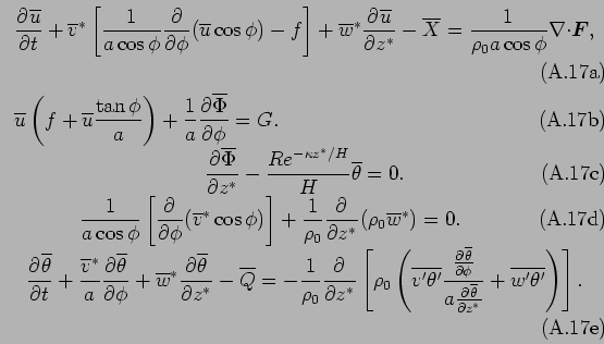 \begin{subequations}\begin{align}& \DP{\overline{u}}{t} + \overline{v}^* \lef...
...}{z^*}} + \overline{w'\theta'} \right) \right]. \end{align}\end{subequations}