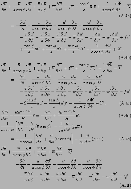 \begin{subequations}\begin{align} & \DP{\overline{u}}{t} + \frac{\overline{u}}...
...erline{\theta}}{z^*} - w'\DP{\theta'}{z^*} + Q' \end{align}\end{subequations}
