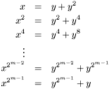 \[ \] \begin{eqnarray*} x &=& y + y^2 \\ x^2 &=& y^2 + y^4 \\ x^4 &=& y^4 + y^8 \\ \vdots \\ x^{2^{m-2}} &=& y^{2^{m-2}} + y^{2^{m-1}} \\ x^{2^{m-1}} &=& y^{2^{m-1}} + y \end{eqnarray*} \[ \]
