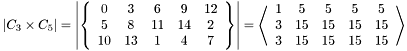 \[ \left| C_3 \times C_5 \right| = \left| \left\{ \begin{array}{ccccc} 0 & 3 & 6 & 9 & 12 \\ 5 & 8 & 11 & 14 & 2 \\ 10 & 13 & 1 & 4 & 7 \end{array} \right\}\right| = \left\langle \begin{array}{ccccc} 1 & 5 & 5 & 5 & 5 \\ 3 & 15 & 15 & 15 & 15 \\ 3 & 15 & 15 & 15 & 15 \end{array} \right\rangle \]