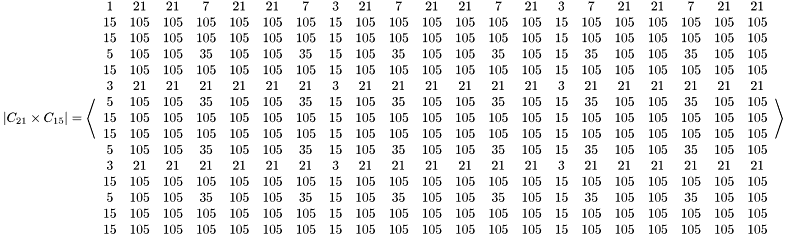 \[ \left| C_{21} \times C_{15} \right| = \left\langle \begin{array}{ccccccccccccccccccccc} 1 & 21 & 21 & 7 & 21 & 21 & 7 & 3 & 21 & 7 & 21 & 21 & 7 & 21 & 3 & 7 & 21 & 21 & 7 & 21 & 21 \\ 15 & 105& 105& 105& 105& 105& 105& 15 & 105& 105& 105& 105& 105& 105& 15 & 105& 105& 105& 105& 105& 105\\ 15 & 105& 105& 105& 105& 105& 105& 15 & 105& 105& 105& 105& 105& 105& 15 & 105& 105& 105& 105& 105& 105\\ 5 & 105& 105& 35 & 105& 105& 35 & 15 & 105& 35 & 105& 105& 35 & 105& 15 & 35 & 105& 105& 35 & 105& 105\\ 15 & 105& 105& 105& 105& 105& 105& 15 & 105& 105& 105& 105& 105& 105& 15 & 105& 105& 105& 105& 105& 105\\ 3 & 21 & 21 & 21 & 21 & 21 & 21 & 3 & 21 & 21 & 21 & 21 & 21 & 21 & 3 & 21 & 21 & 21 & 21 & 21 & 21 \\ 5 & 105& 105& 35 & 105& 105& 35 & 15 & 105& 35 & 105& 105& 35 & 105& 15 & 35 & 105& 105& 35 & 105& 105\\ 15 & 105& 105& 105& 105& 105& 105& 15 & 105& 105& 105& 105& 105& 105& 15 & 105& 105& 105& 105& 105& 105\\ 15 & 105& 105& 105& 105& 105& 105& 15 & 105& 105& 105& 105& 105& 105& 15 & 105& 105& 105& 105& 105& 105\\ 5 & 105& 105& 35 & 105& 105& 35 & 15 & 105& 35 & 105& 105& 35 & 105& 15 & 35 & 105& 105& 35 & 105& 105\\ 3 & 21 & 21 & 21 & 21 & 21 & 21 & 3 & 21 & 21 & 21 & 21 & 21 & 21 & 3 & 21 & 21 & 21 & 21 & 21 & 21 \\ 15 & 105& 105& 105& 105& 105& 105& 15 & 105& 105& 105& 105& 105& 105& 15 & 105& 105& 105& 105& 105& 105\\ 5 & 105& 105& 35 & 105& 105& 35 & 15 & 105& 35 & 105& 105& 35 & 105& 15 & 35 & 105& 105& 35 & 105& 105\\ 15 & 105& 105& 105& 105& 105& 105& 15 & 105& 105& 105& 105& 105& 105& 15 & 105& 105& 105& 105& 105& 105\\ 15 & 105& 105& 105& 105& 105& 105& 15 & 105& 105& 105& 105& 105& 105& 15 & 105& 105& 105& 105& 105& 105\\ \end{array} \right\rangle \]